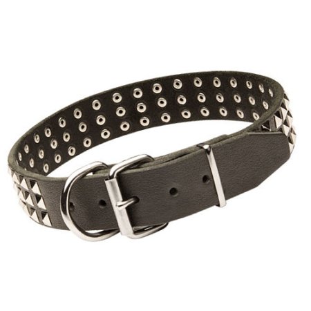 3 Rows Nickel Pyramids Leather Dog Collar