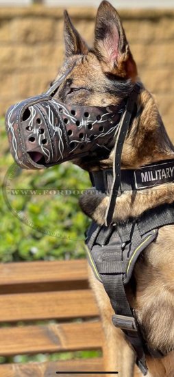 Dog Muzzle of Leather for Malinois with Barbed Wire Design