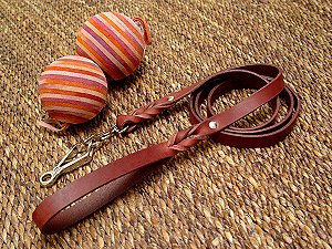 Braided dog leash of leather with quick release snap hook, 2 cm