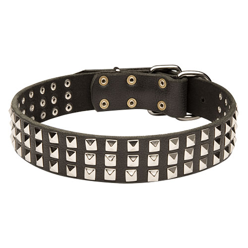 3 Rows Nickel Pyramids Leather Dog Collar